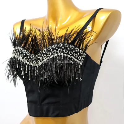 A087 Wholesale Soft Performance Wear Bustier Modest Feather Trim Tops Rhinestone Corset