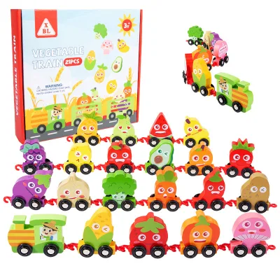 Eco-Friendly Fruit Cart Wooden Toy Kids Pull-Along Fruit Car Wooden Fruit Vehicle Toy Montessori Wooden Push Car
