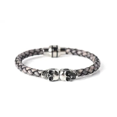 Luxury Jewelry Custom Leather Bracelet Stainless Steel Skull Bracelets With Magnetic Buckle for Men