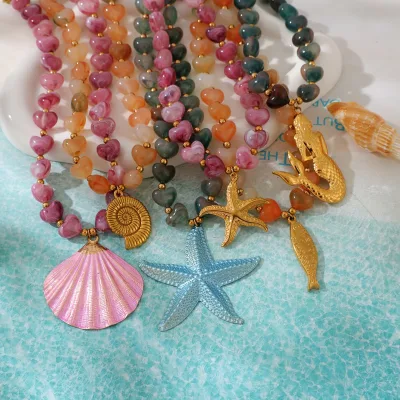 New Fashion Heart Resin Bead Necklace Ocean Starfish Shell Conch Fish Pendant Titanium Steel Choker Charm Necklace