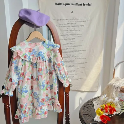 Kids Hand Made Smocked Floral Dress for Girls Ruffle Collar Handmade Smocking Frocks