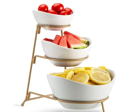 3 Tier Oval Bowl Set with Metal Rack Three Ceramic Fruit Bowl Serving Tiered Serving Stand Dessert Appetizer Cake Candd Tray Set