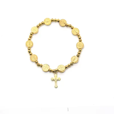 Saint Benedict Medals Rosary Bracelet Religious Jewelry Gold Tone Prayer Bead Rosary Stretch Bracelet