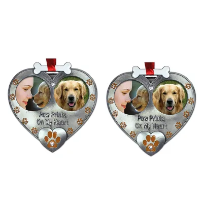 Dog Memorial Double Picture Pet Frame Ornament, Paw Prints on My Heart Picture Frame Ornament Metal Zinc Alloy White Photo Frame