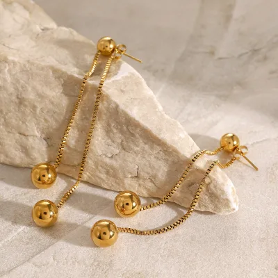 European and American 18k Gold Stainless Steel Tassel Earrings, Fashionable and Simple Box Chain, Round Steel Ball Earrings