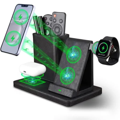 4 in 1 Leather Wireless Charging Station with Fast Charging and Square Box Design for Desktop Organization