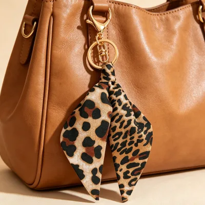 Vintage Leopard Print Fabric Ribbon Keychain Scarf Wrap Bag Charm Pendant Purse Hanging Decor for Women