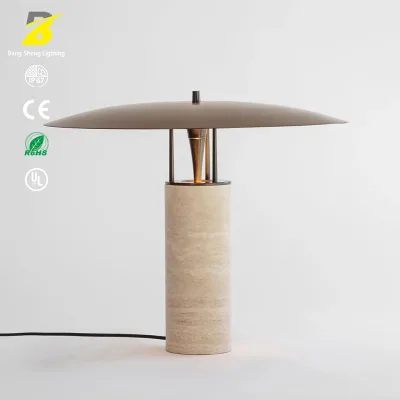 Modern Travertine Table Lamp with Metal Shade - Minimalist LED Accent Light for Living Room & Bedroom