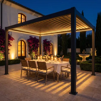 Sun Block Electric Adjustable Aluminum Louver Pergola Auto Roof Plug-in LED Light All Weather Patio Cover