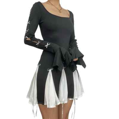 Custom Y2K Bow Collar Midi Dress for Women Long Sleeve Empire Contrast Color Ruffled Lace Dresses Ladies Elegant Dresses