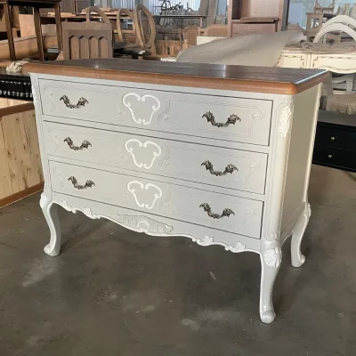 French Retro Solid Wood Carved 3 Drawer Chest, Two Tone Bedroom Storage Cabinet