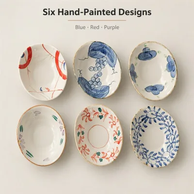 Hand Painted Eco-Friendly Porcelain Classic Bowl Set 6 PCS Blue Red Purple Floral Fruit Vine Abstract Tan Rim Sauce Dipping