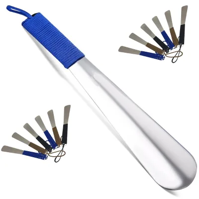 Customs logo Long Handle Metal Stainless Steel Shoehorn with Nylon String Rope