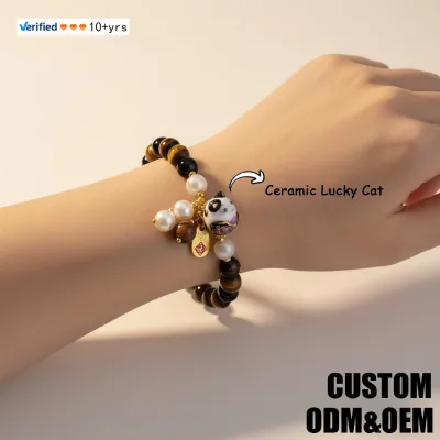 Mothers Day Gifts Cute Ceramic Lucky Cat Fashion Beaded Bracelets Blessings Pearl Natural Stone Round Beads Stretch Bracelet