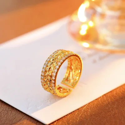 Sparkling Gold Plated Open Ring with Leaf Pattern and Zircon Accents for Elegant and Festive Looks FLBRG50