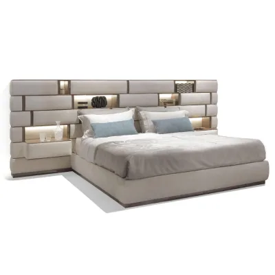 Luxury Modern Platform Bed Modular Panel Headboard and Built-In Storage Shelves with LED Lighting, High-End Bedroom Furniture