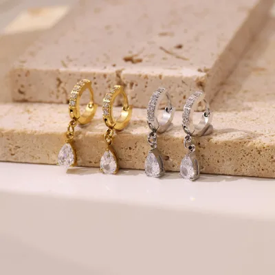 14K Gold PVD Plated  Daily Cubic Zircon Huggies Hoop Earring Stainless Steel Water Drop Dangle Earrings
