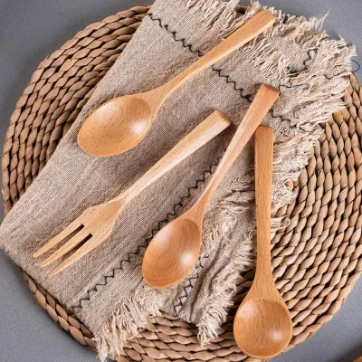 Natural Beech Wood Spoon and Fork Spoon Fork for Travel Camping Salad Serving Coffee Honey Stir Soup Rice Spoon
