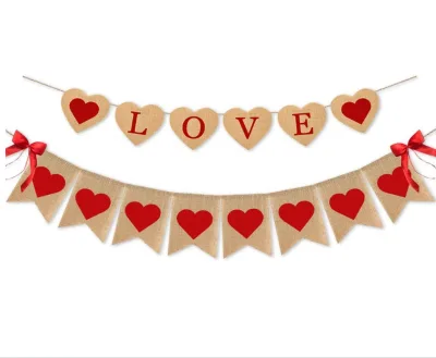 Reusable 100% Jute Love Pennant with Heart for Valentine's Day Wedding Party Decorations