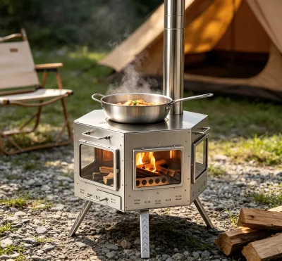 Lightweight Foldable Hexagon Tent Stove with Chimney Pipe Stainless Steel Collapsible Wood Burning Stove for Camp Cooking