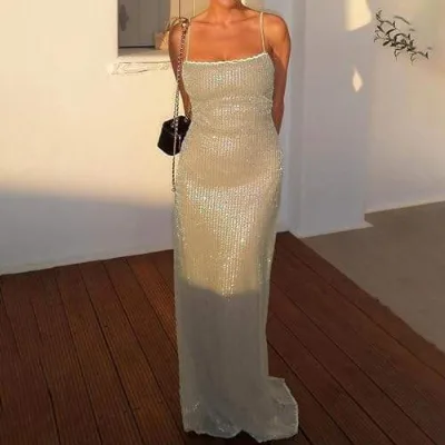 Women's Summer Simple Breathable Pencil Midi Dress Natural Waistline Spaghetti Straps Sequined Plain Dyed