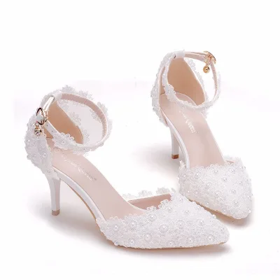 White/Pink/Blue Lace 7.5cm Thin Heels Wedding Shoes Bridal Party Shoes Women's High Heel Shoes Bridal Shoes Plus Size 33-43