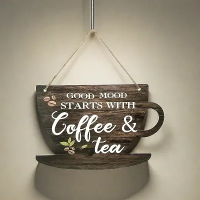 Wooden Decorative Sign Set Circular Slogan Plates Customizable Coffee Cup Shaped Wall Hangings