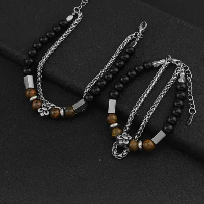 Men's Bracelet Vintage Unisex Pendant Accessories Black Agate Tiger's Eye Stone Bracelet
