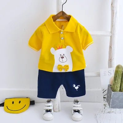 Best Selling Products Children Clothes Colorful Lapel Bear Pattern T-shirt And Linen Cotton Pant From China Factory