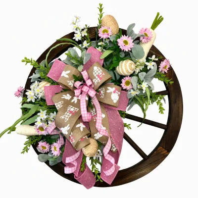 Easter Wreath Wooden Wagon Wheel Pink Mesh Bow Bunny Print Burlap Ribbon Daisy Flowers Artificial Greenery Spring Door Decor