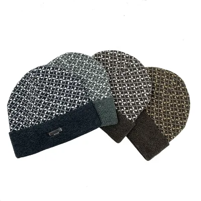 Luxury Thick Fleece Lining Custom Jacquard 3D Embroidery Plaid Breathable Waterproof Men Beanie Soft Warm Ski Hat Winter Cuff