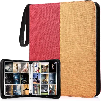 Yuansheng Trading Card Binder 9 Pockets Double Sided Card Sleeves Zipper PU Material Red Yellow Standard Size Card Holder