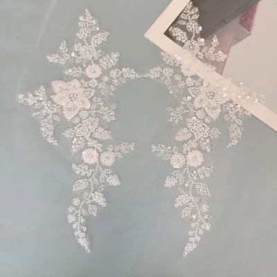Factory Direct OEM Brand Custom White Pair of Sequin Floral Embroidery Lace Applique on Tulle for Bridal & Evening Wear Accessor
