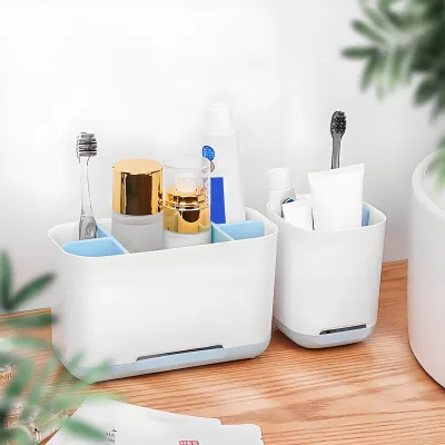 Hot Sale Adjustable Plastic Divider for Bathroom Countertop Toothbrush & Toothpaste Storage Shelf with Drainage System