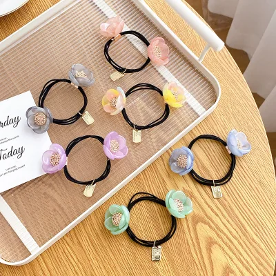 DOWELL High-grade Double-layer Flower Scrunchie High Elastic Inlaid Crystal Acetate Rubber Band Elegant Ponytail Hair Tie