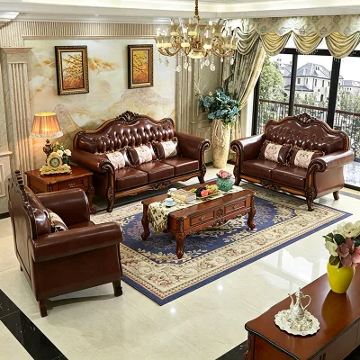 European Classic Villa Living Room Furniture Luxury Solid Wood Hand Carved Frame 1+2+3 Seat Genuine Leather Sofa Set