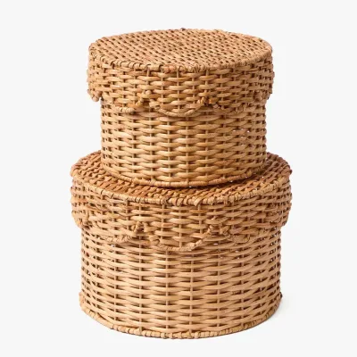 Vintage Hand Woven Scallop Rattan Storage Basket with Lid Rattan Handmade Decorative Box Small Rattan Box