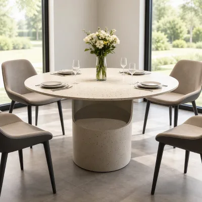 Micro Cement Dining Table Round Wood Grain Hollow Storage Slot Wabi Sabi Style Home Restaurant