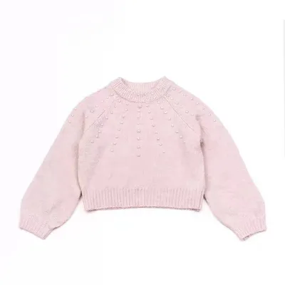 Customized Girls Round Neck Sweet Sweater Knitted Fabric Pearl Decoration Girls Sweaters