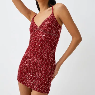 Stretch Mesh Lining Sequins Feminine Short Mini Dress Shiny Beads Diamond Dress Sequined Fitted Mini Dress