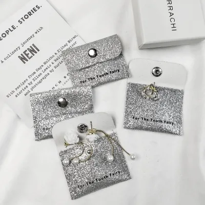 Custom Small PU Silver Glittery Leather Jewelry Pouch for Lipstick Makeup Coins Earrings Storage