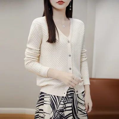 Cotton Knit Cardigan for Women, VNeck Slim Fit Long Sleeve, SpringFall New, Versatile Layering Outer Top