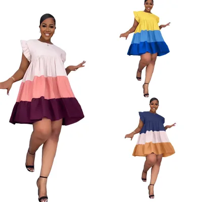 2025 Summer European American Women's Casual Comfortable Midi-Length Dress Large Hem Ruffle Sleeve Natural Cross-Border Fashion