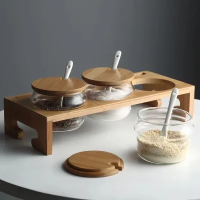 Japanese-style Glass Seasoning Jars Condiment Bottles Spice Box Set Salt Shaker Sugar Dispenser Storage Wooden Rack-Pack Three