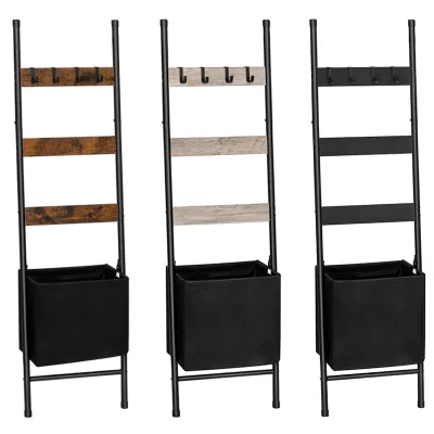 Blanket Ladder with Basket, Towel Holder Rack with Hooks, Decorative Ladder Shelf, Drying and Display Rack for Bathroom