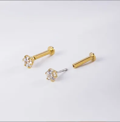 Wanti 14K Solid Gold Must-have Style 3mm CZ Earring Stud Labret Push-in Pin Lip Piercing Jewelry