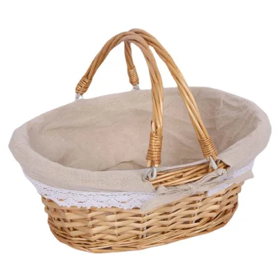 Handmade Natural Wedding Flower Basket with Cotton Fabric Empty Oval Basket with Handle for Food Storage Outer Camping Basket