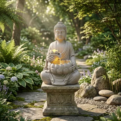 Large Garden Waterfall Outdoor Buddha Statue Fountain with Floating Waterproof Handmade Resin Design