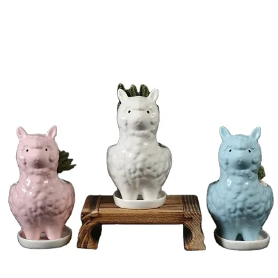 Linda Hot Selling New Alpaca Succulent Flowerpot, Office Desktop Decoration with Tray, Ceramic Flowerpot