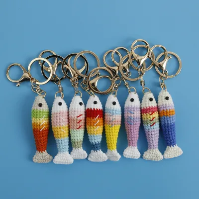 Rainbow Fish Handmade Woven Pendant Exquisite Creative Light Keychain with Wool Crochet for Hanging Decoration